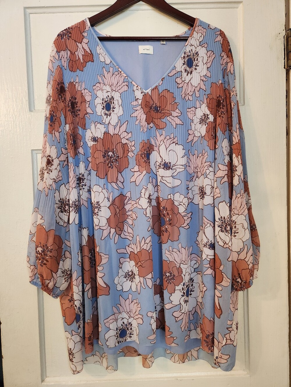 Aritzia Wilfred Dress, Daydreamer Mini, Blue, Cream Red Floral Pleated Sz XL EUC